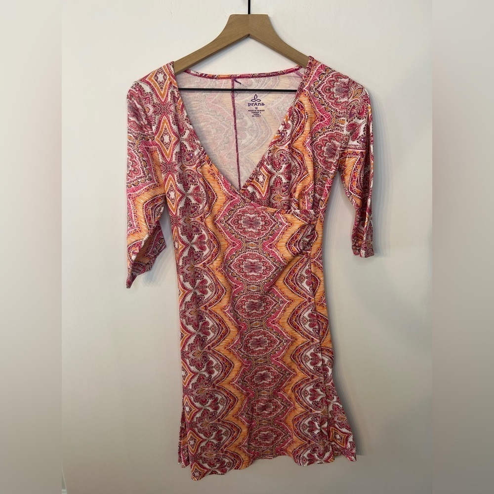 Prana Nadia Veeda Faux Wrap 3/4 Length Sleeve Dress, Pink & Orange, Size Medium